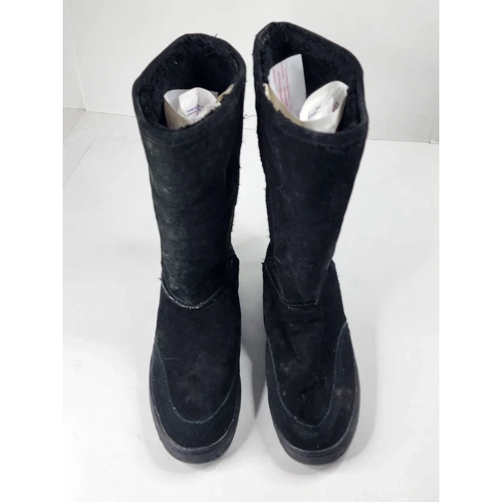 Vintage Calson USA Genuine Shearling Lining Snow Boots Black Suede Womens Sz 10